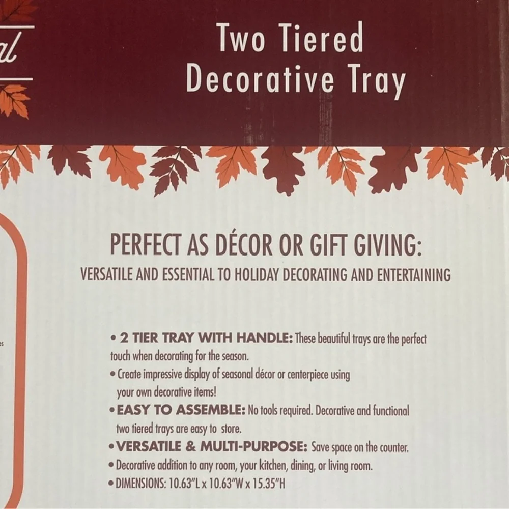 BNIB- Beautiful Decorative Two Tier Wooden Tray w/ Metal Pumpkin Topper